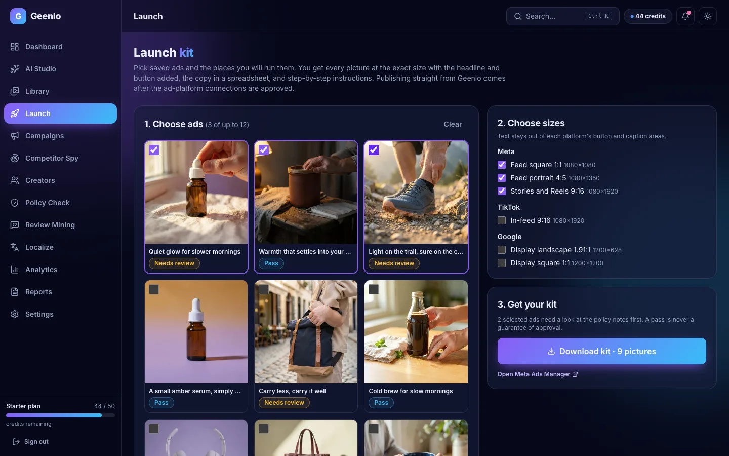 Geenlo Launch kit: three ads selected, Meta feed and Stories sizes chosen, and a Download kit button.
