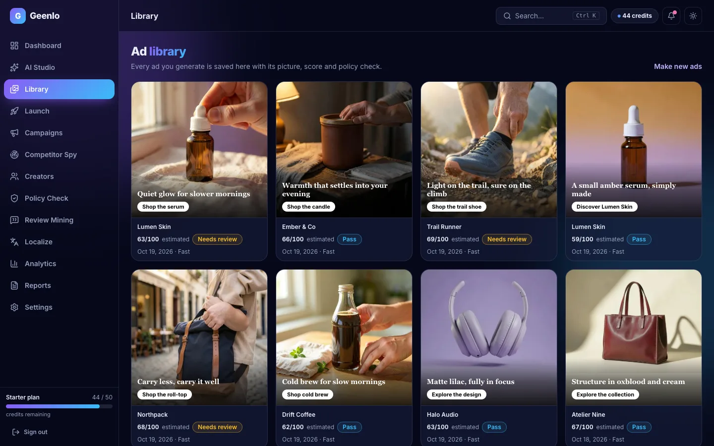 Geenlo ad library: a grid of saved example ads from different brands, each with its estimated score and policy status.