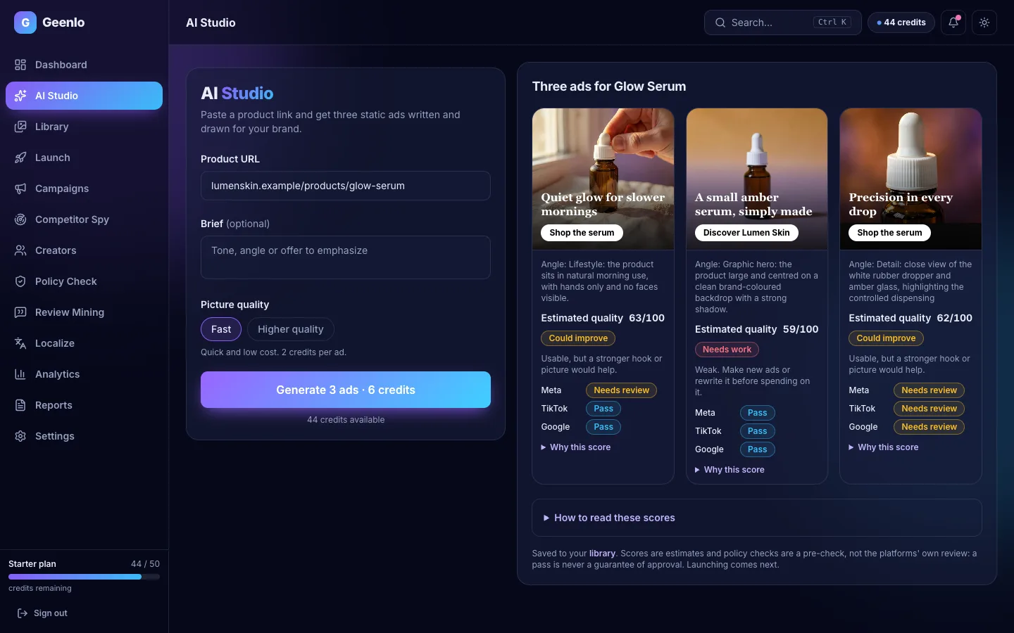 Geenlo AI Studio showing three generated serum ads, each with an estimated quality score and policy badges for Meta, TikTok and Google.